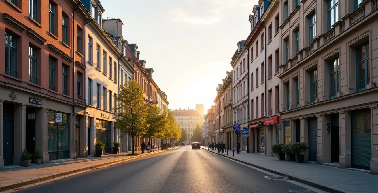 Vue large du quartier Zola à Nantes, mélange de maisons et d’immeubles modernes, photographié à la lumière dorée du matin.