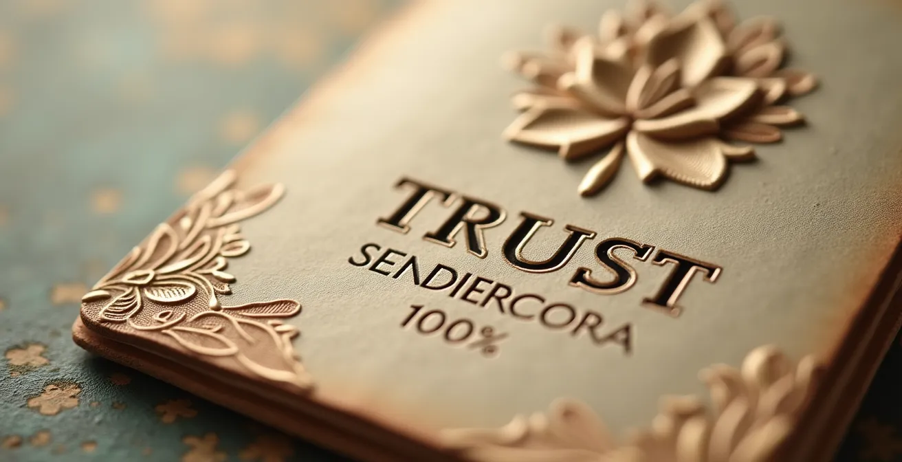 Texture abstraite évoquant du papier sécurisé et des motifs floraux subtils symbolisant la confiance et la préparation avant achat