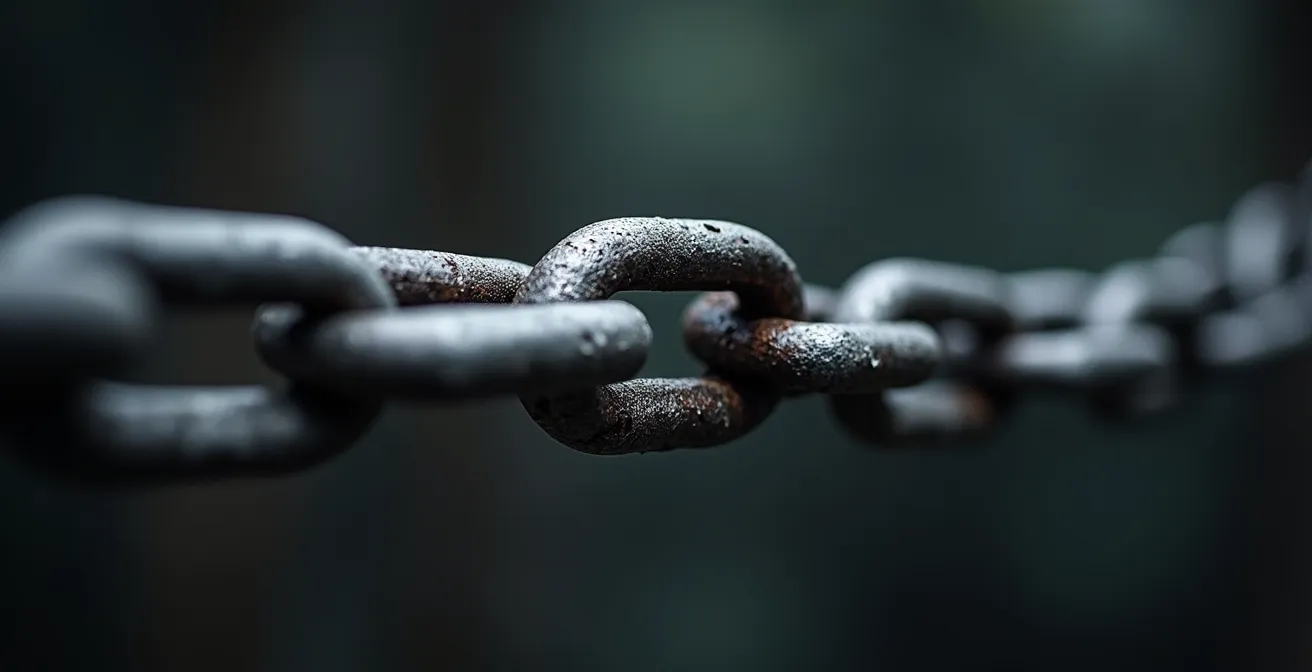 Gros plan macro d’un maillon de chaîne métallique solide symbolisant la protection juridique