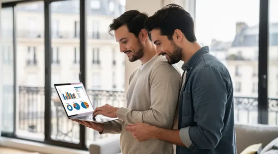 Couple trentenaire analysant leur projet immobilier Paris sur ordinateur