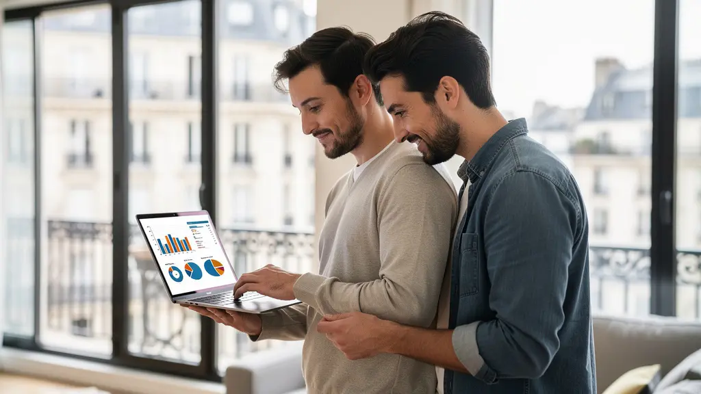 Couple trentenaire analysant leur projet immobilier Paris sur ordinateur