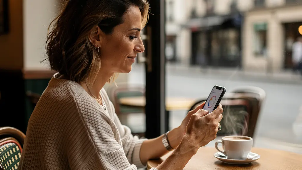 Femme simulant son crédit immobilier sur smartphone dans café parisien