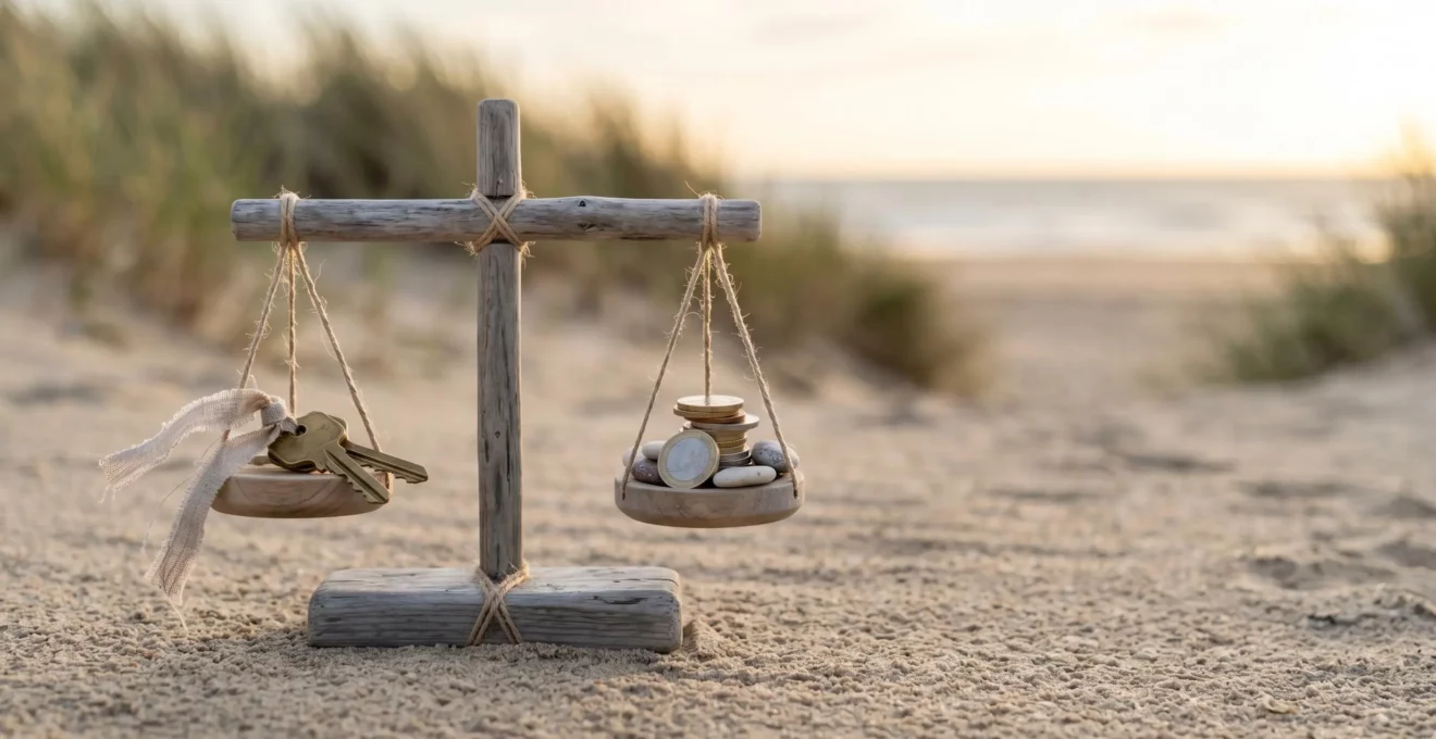 Balance en bois flotté sur sable de plage avec clés de maison d'un côté et pièces d'euro de l'autre, symbolisant l'équilibre budgétaire pour achat immobilier balnéaire