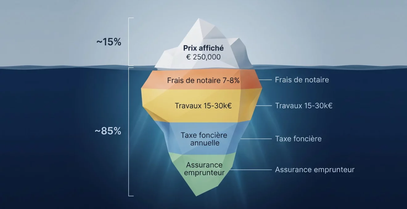 Illustration en 3D d'un iceberg montrant le prix affiché d'une maison en partie émergée et les coûts cachés (frais de notaire, travaux, fiscalité) en partie immergée