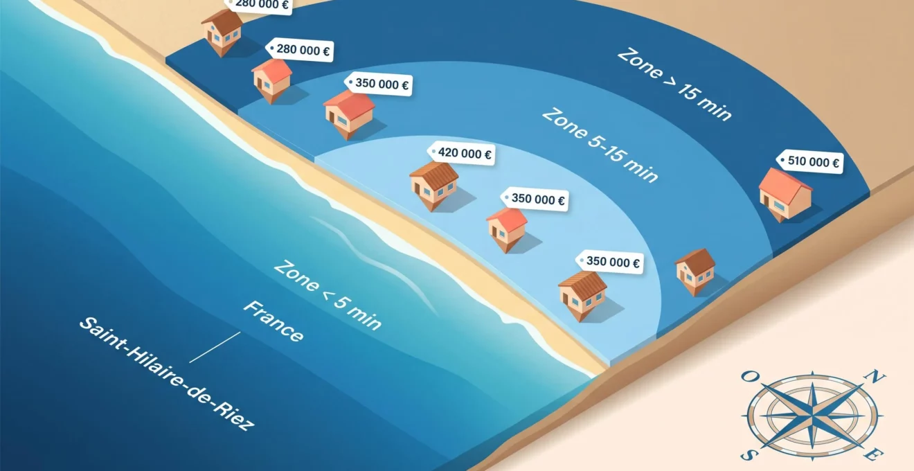 Illustration isométrique du littoral de Saint-Hilaire-de-Riez montrant trois zones budgétaires selon la distance aux plages, avec marqueurs de prix en euros