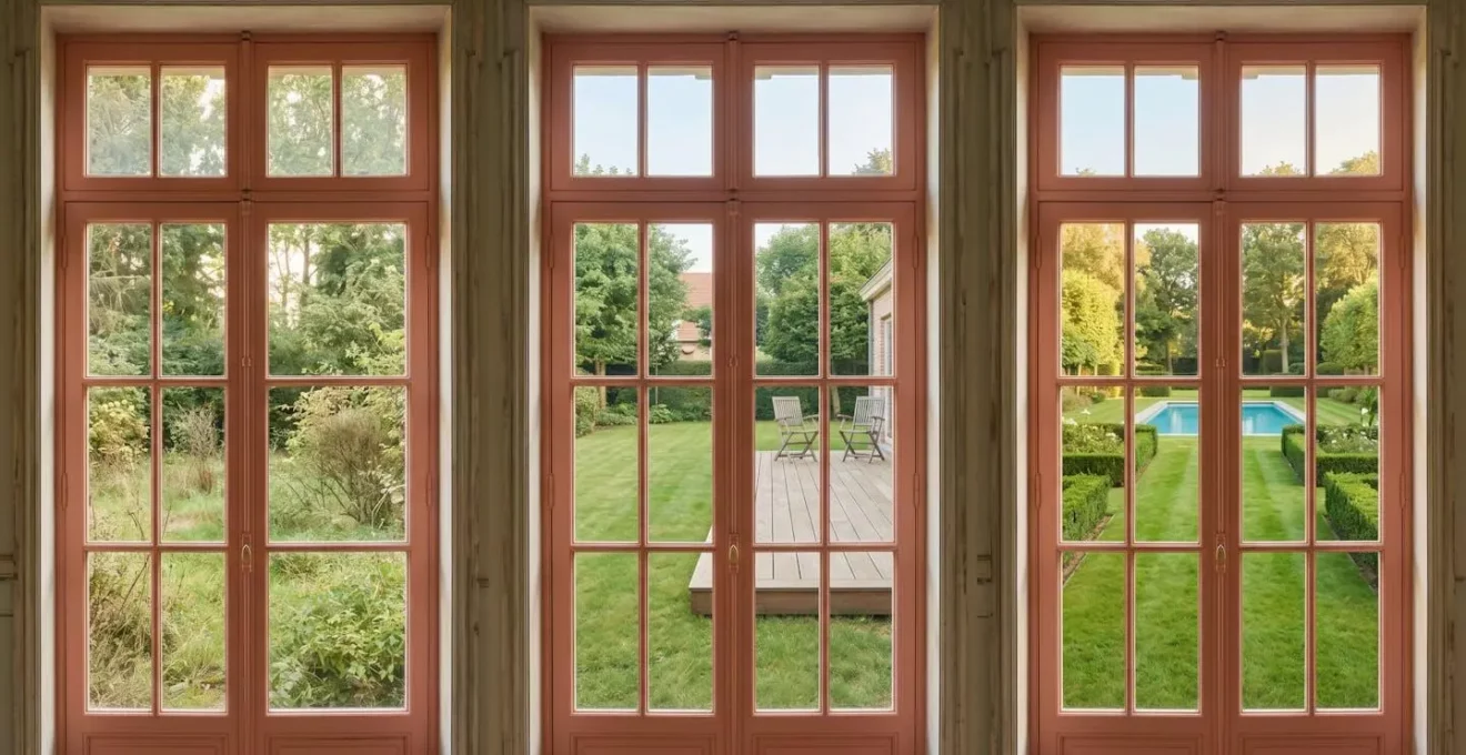 Trois portes-fenêtres identiques ouvrant chacune sur un jardin différent symbolisant trois niveaux budgétaires d'acquisition immobilière